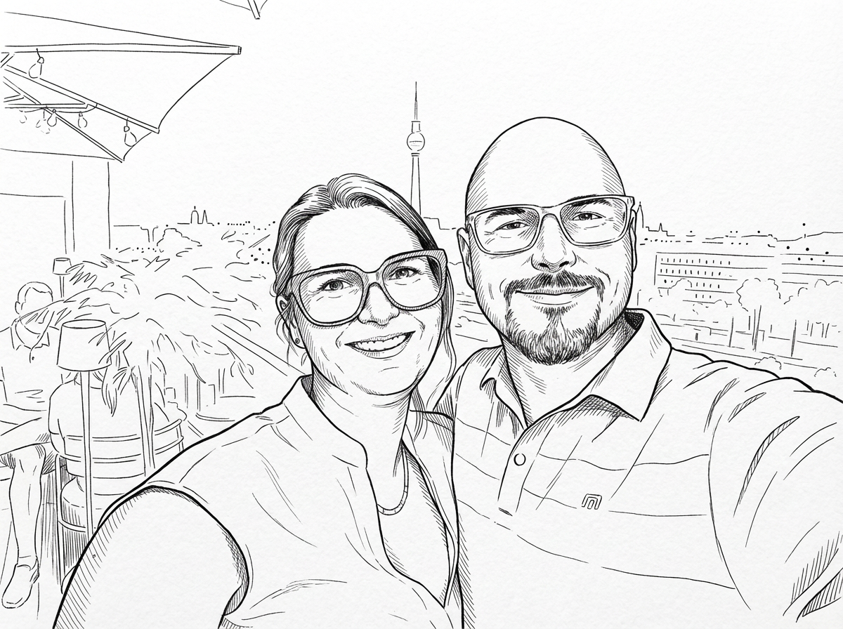 Fineliner mit Skyline-Hintergrund Team TCW in Wien