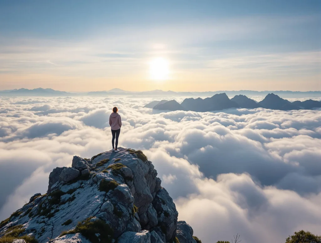 Person steht alleine auf einem Berggipfel über den Wolken, Weitwinkelaufnahme, ruhige klare Farben, inspirierende Aussicht, TCW NLP