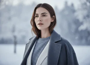 Selbstbewusste Frau im blauen Mantel geht fokussiert durch eine winterliche Stadt – Symbol für Klarheit und persönlichen Neubeginn.