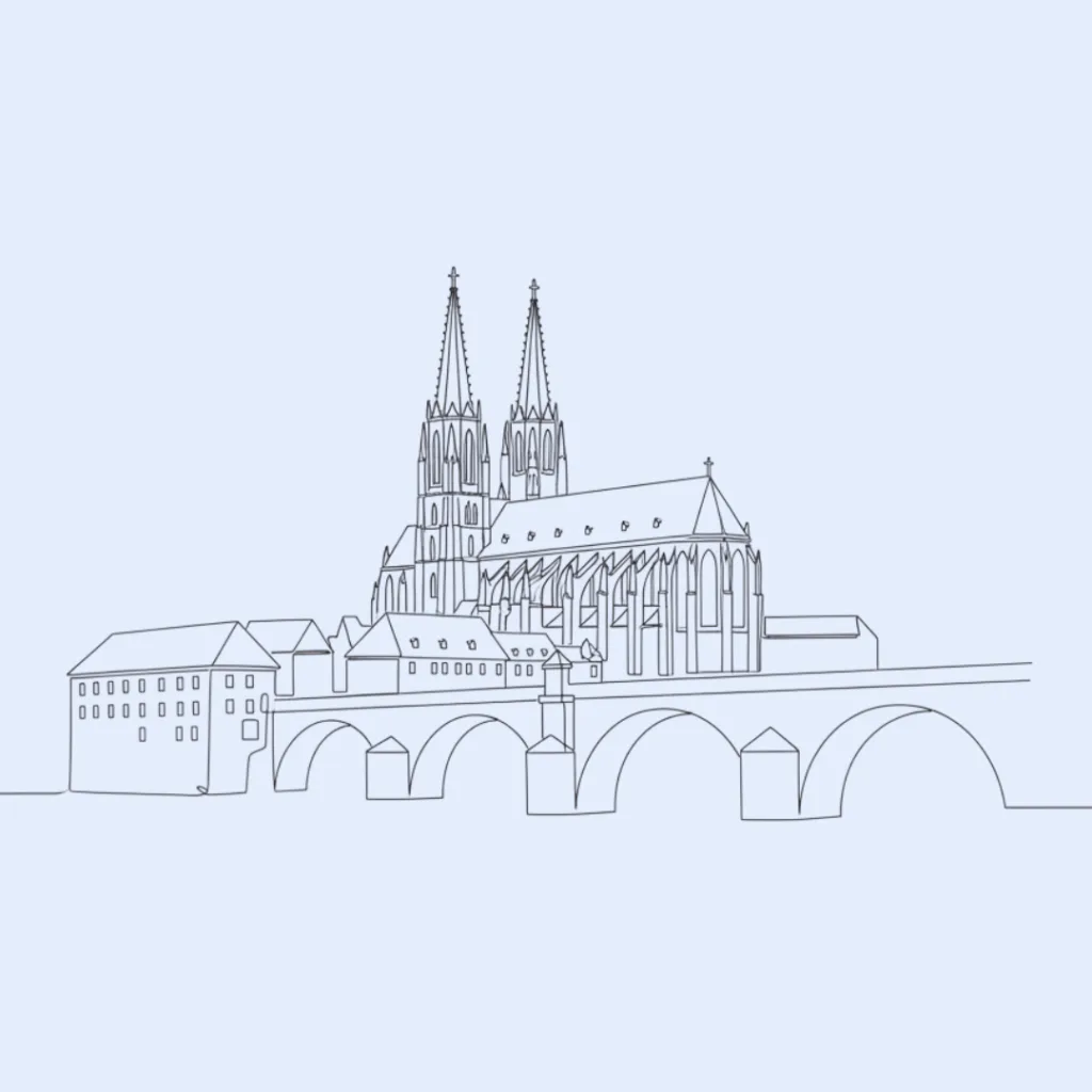 Line-art Silhouette von Regensburg als Hintergrundbild für das NLP Basic Wochenende – Winter Deals 2025/2026.