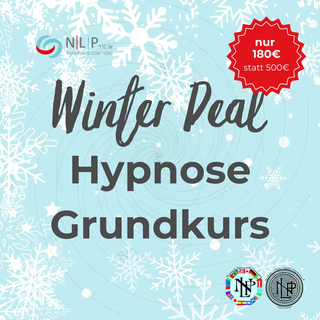 Winter Deal Hypnose Grundkurs – Grafik mit Schneeflocken, Preisbadge 180 € statt 500 € und NLP Training & Coaching Logo.