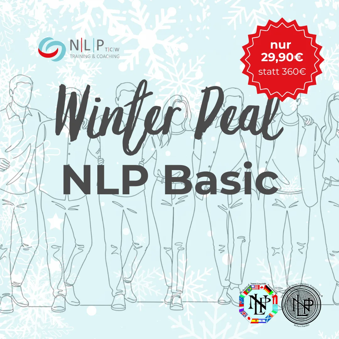 Winter Deal Grafik für NLP Basic: stilisierte gezeichnete Gruppe, Schneeflocken-Hintergrund, Preisangebot 29,90€ statt 360€, TCW NLP Logo.